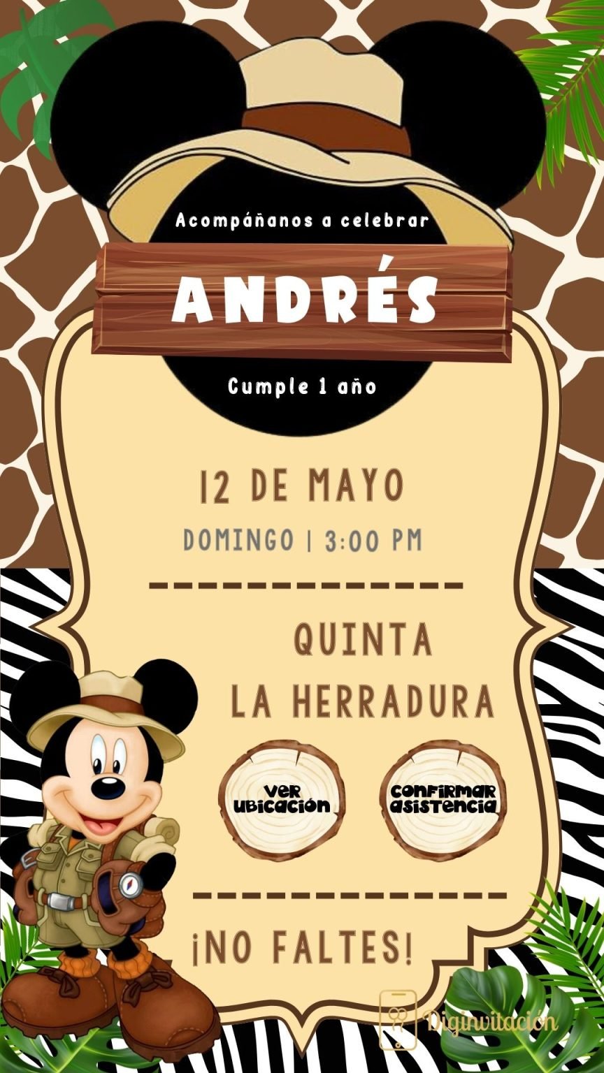 Invitación interactiva Cumpleaños Mickey Mouse Safari Diginvitacion