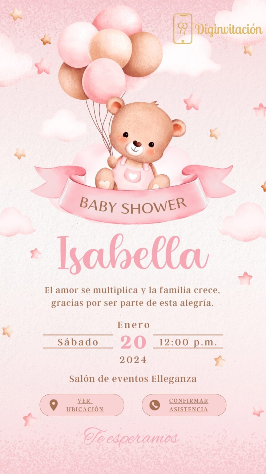 Invitación interactiva Baby Shower Oso rosa cielo y estrellas