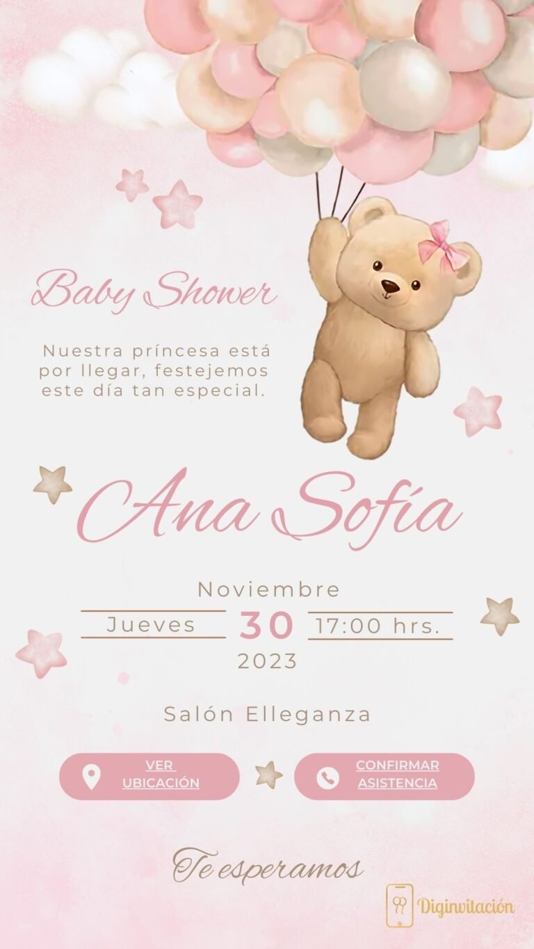 Invitación interactiva Baby Shower Oso rosa nubes y globos Diginvitacion