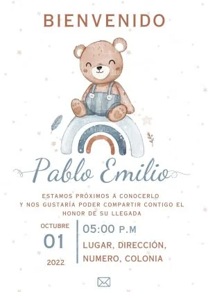 invitacion baby shower niño oso arcoiris azul