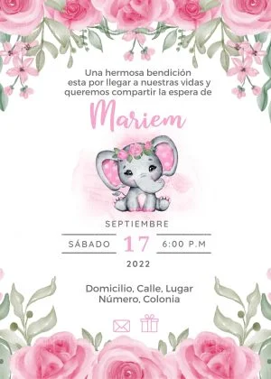 invitacion baby shower rosa elefante flores