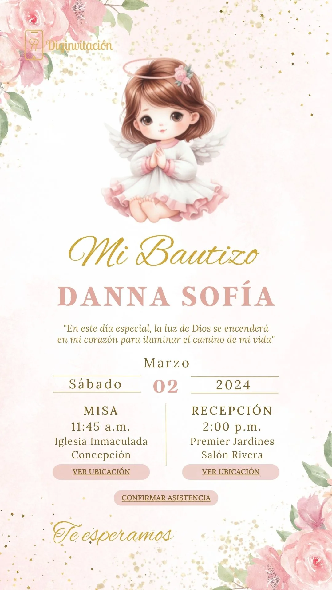 Bautizo, angel, rosa, floral, blanco. niña