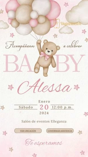 Invitación interactiva Baby Shower niña oso rosa