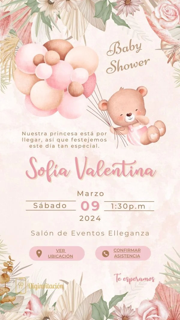 Invitación interactiva Baby Shower niña Oso rosa coral