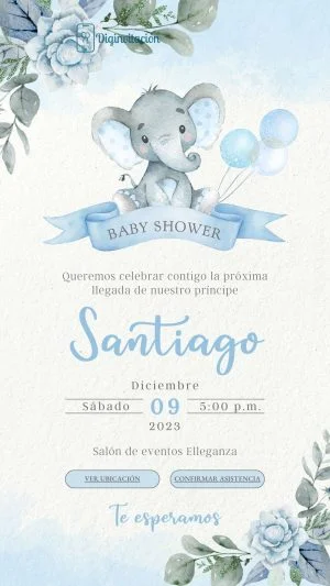elefante, globos, azul, blanco, listón, flores, invitación, baby shower, niño