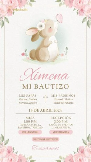 bautizo, rosa,flores, coneja, blanco, niña