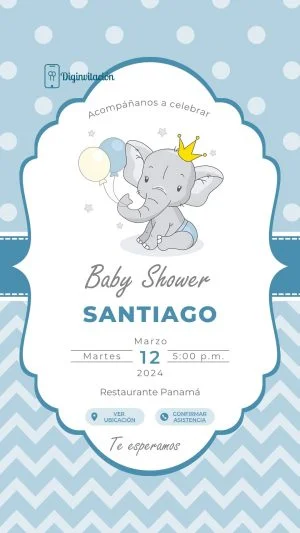 azul, Baby Shower, blanco, clasico, elefante, globos, invitación, marco, niño