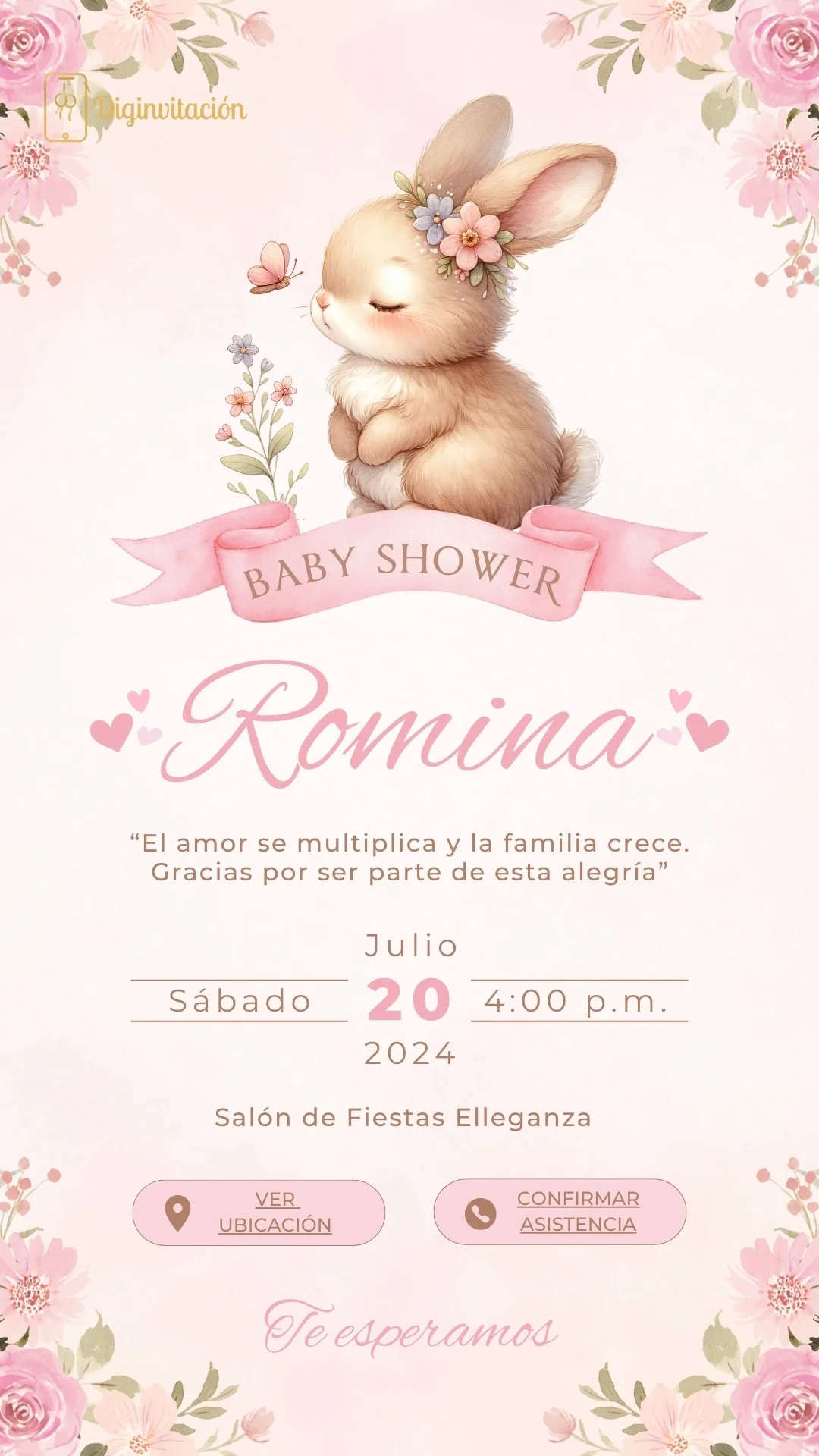 coneja, conejita, rosa, baby shower, niña, flores