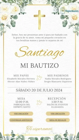 Invitación Interactiva Bautizo blanco floral con verde y dorado